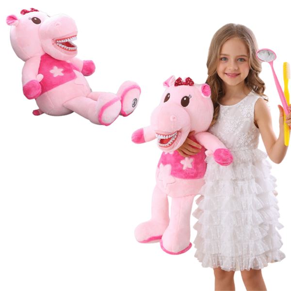 Edukativní velký maňásek růžový hroch s čelistí a kartáčkem