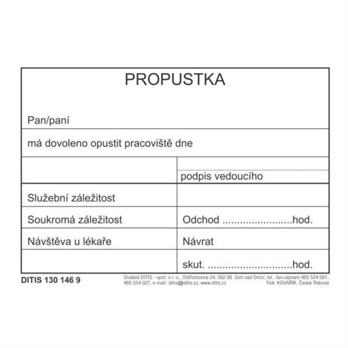 Propustka blok A7-100 listů