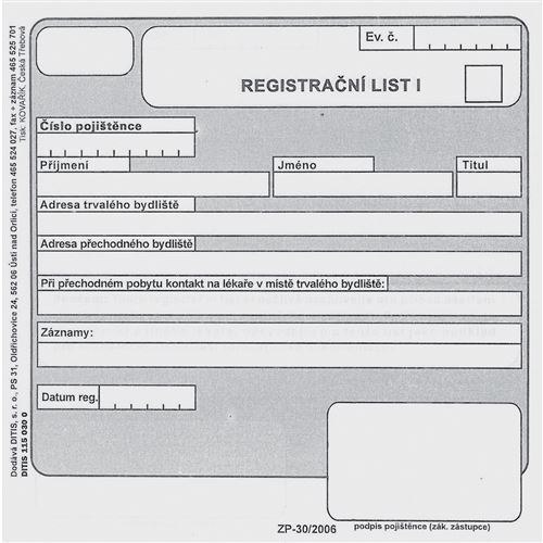Registrační list I - II průpisový